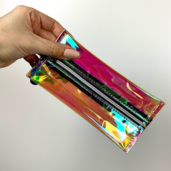 Womens NEW Pink/Orange/Blue Holographic Mini Cosmetic Bag/Coin Purse Clutch NWT - Picture 8 of 10